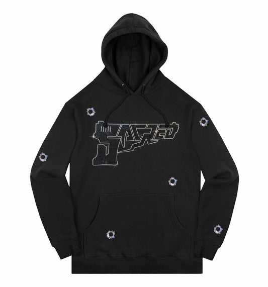 SACRED- Rhinestone Gun Logo Bullet Holes Pullover (Black)